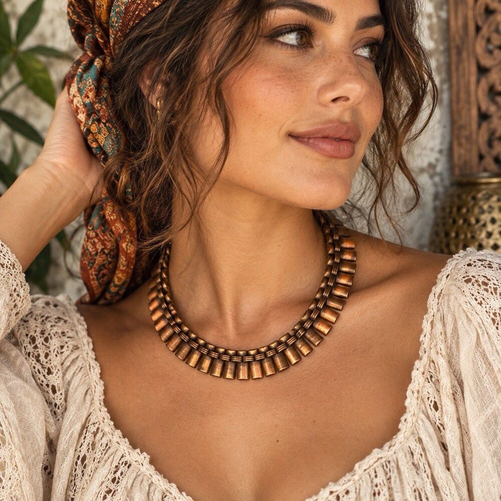 Vintage Copper Statement Necklace Fringe Collar Boho Tribal Artisan Jewelry